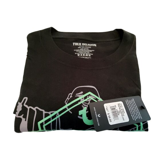True Religion Mens Graphic T-Shirt Black Green Print Cotton Short Sleeve Casual - Picture 4 of 4